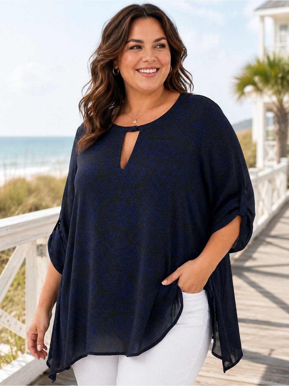 Torrid Black Blue Butterfly Keyhole Georgette Sharkbite Blouse Roll Tab 2 2X Top